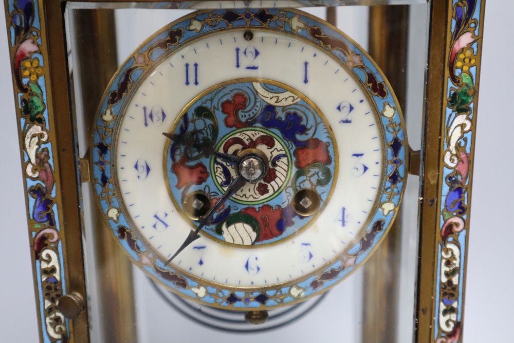 A late 19th / early 20th century French champleve enamel four glass mantel clock, height 27cm